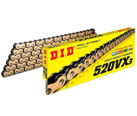 Łańcuch napędowy DID 520VX3 124 ogniw złoty otwarty z zakuwką